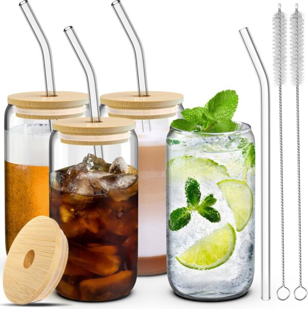 4 Set Glass Cups with Lids and Straws 16 Oz,