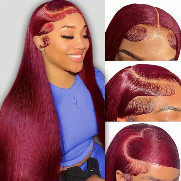 28 Inch 99J Burgundy Lace Front Wigs Human Hair Wine Red Colored Straight