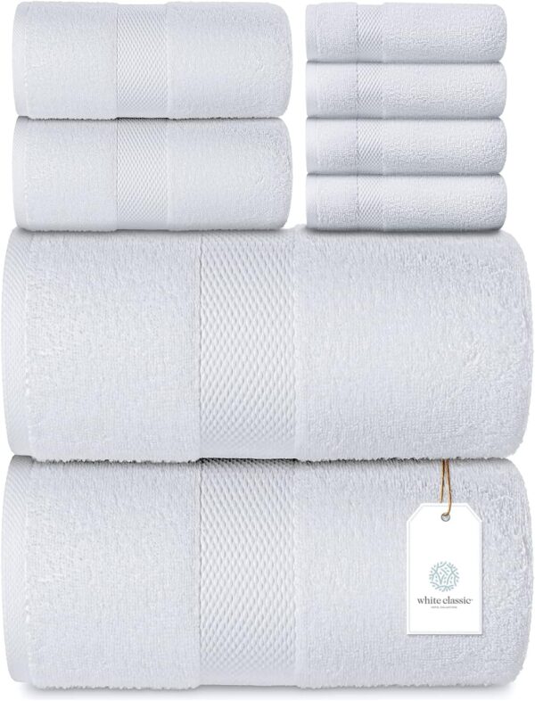 Luxury White Bath Towel Set of 8 Pieces - 100% Combed Cotton Hotel Quality Highly Absorbent Towels for Bathroom, 2 Luxury Bath Towels 700GSM, 2 Hand Towels, 4 Washcloths, 8 Pcs, White