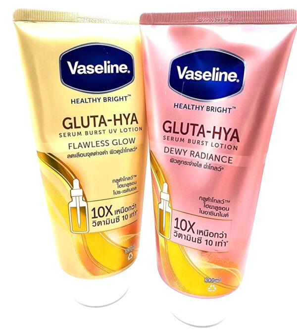 Vaseline Gluta - Hya Dewy Radiance & Flawless Glow Serum Burst UV Face Body Lotion, Bundle Set, Size 300Ml (Pack of 2)