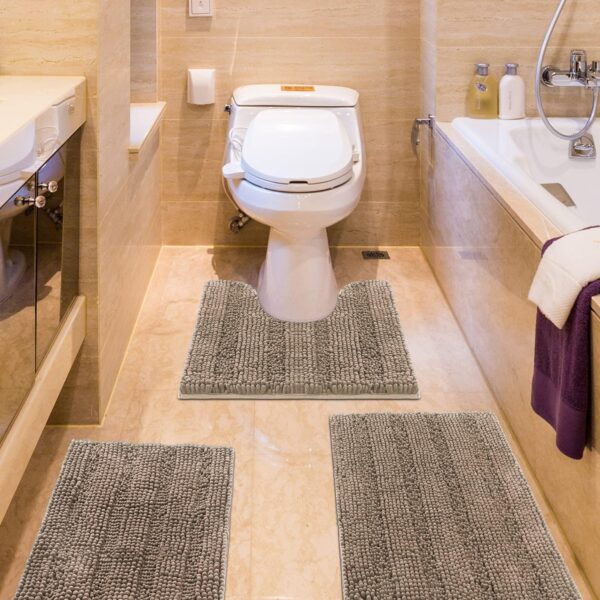 ACCUMTEK Striped Ultra Soft Thick Chenille Bath Rugs and Mats Dark Beige