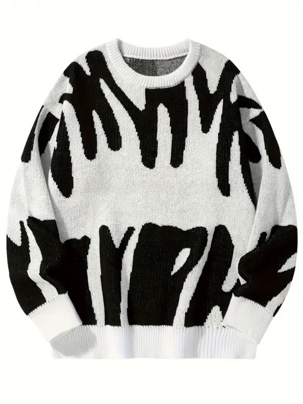 Spring New Men's Casual College Style Geometric Print Color Block Knit Sweater - Relaxed Fit Drop Shoulder Round Neck Black & Red Spring/Fall Layering Essential, Spring Fall Apparel, Trendy Knitwear, Comfortable Texture
