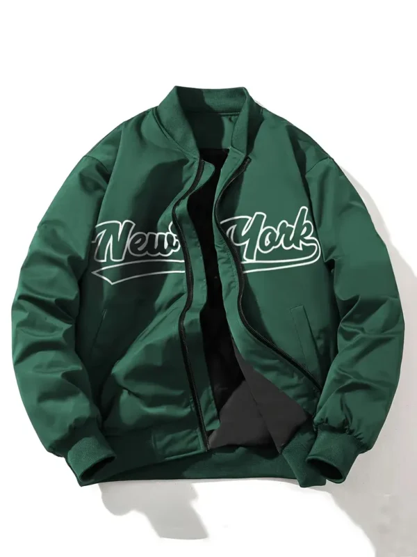 Men's Light Green bomber Jacket - Casual Polyester, Zip-Up with "NEW YORK" Embroidery, Baseball Collar, Long Sleeves, Machine Washable - Perfect for Casual Attire